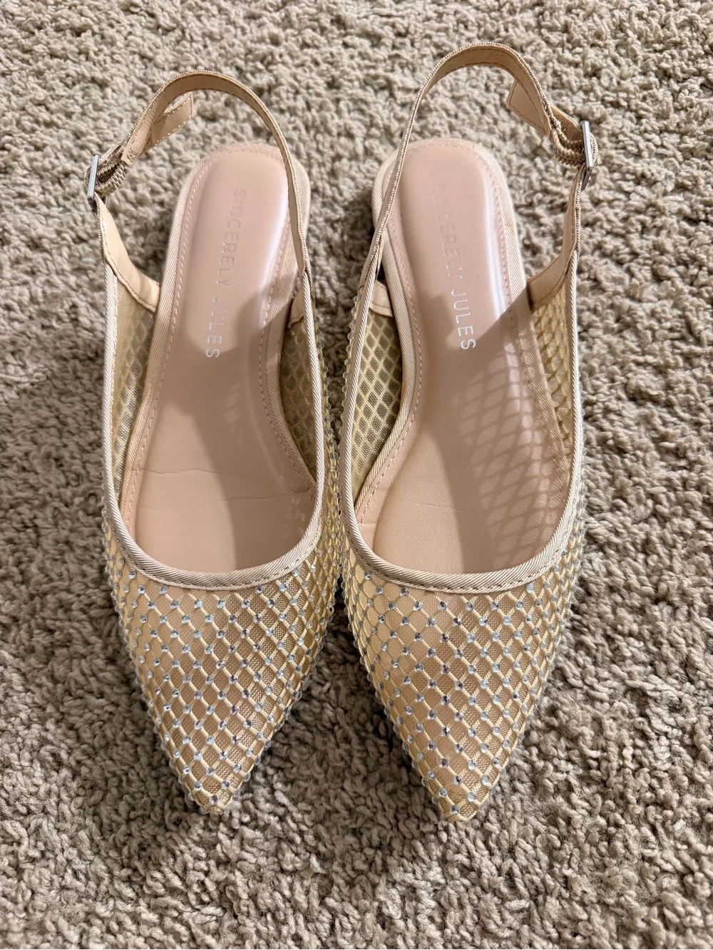 Sincerly Jules Neutral Beige Mesh Rhinestone Pointed Slingback Flats
